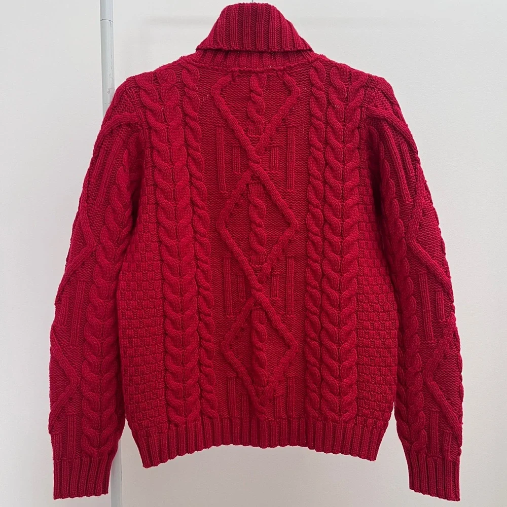 Aran Mor 100% merino wool traditional turtleneck sweater L cherry red NWT - Picture 10 of 10